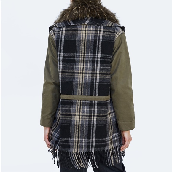 ZARA CONTRAST CHECKED FAUX FUR PARKA COAT JACKET NEW WITH TAGS SIZE XS KHAKI - Picture 11 of 13